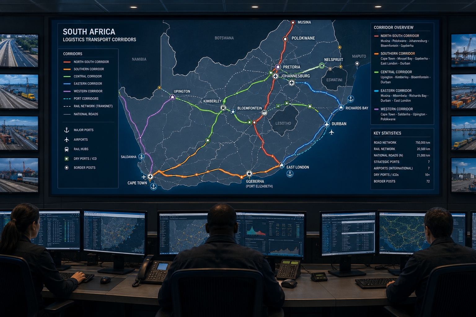 Control room with large screen showing a map of South Africa indicating the main logistics corridors.
